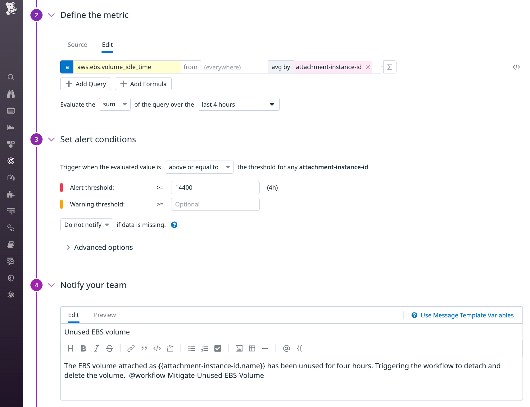 A metric monitor watches for EBS volumes that have gone unused for four hours, and it references a workflow that automatically detaches and deletes unused volumes.