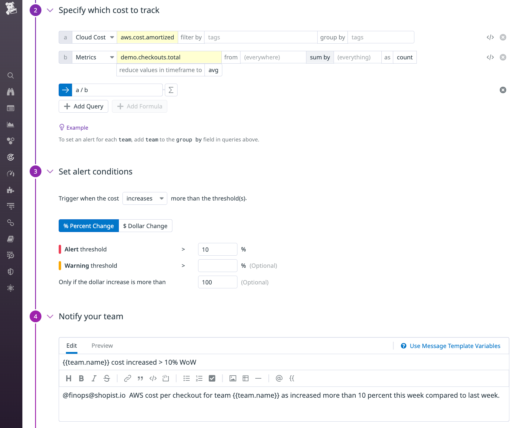 A screenshot shows a cost monitor that will alert if the average cost of a checkout rises more than 10 percent, but only if the average cost is more than 100 dollars.