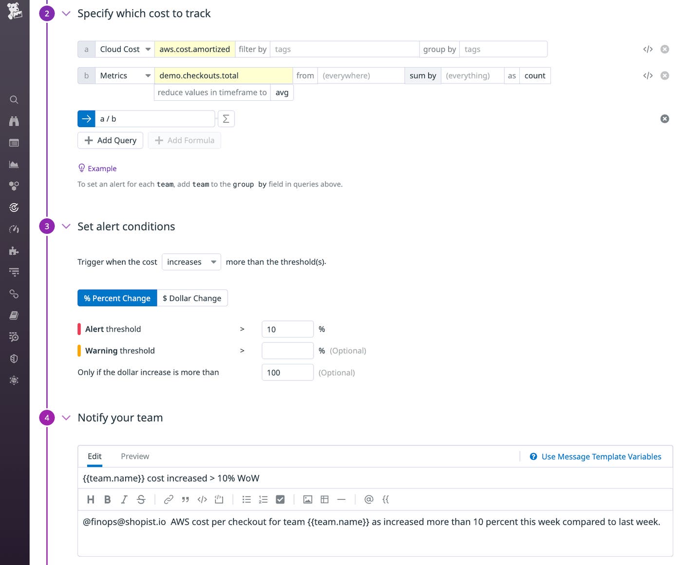 A screenshot shows a cost monitor that will alert if the average cost of a checkout rises more than 10 percent, but only if the average cost is more than 100 dollars. A screenshot shows a cost monitor that will alert if the average cost of a checkout rises more than 10 percent, but only if the average cost is more than 100 dollars.