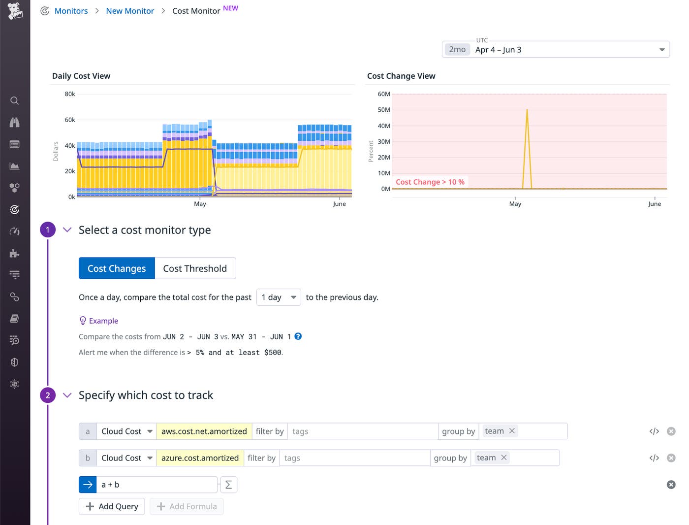 A cost monitor tracks increases in combined AWS and Azure costs from one day to the next. A cost monitor tracks increases in combined AWS and Azure costs from one day to the next.