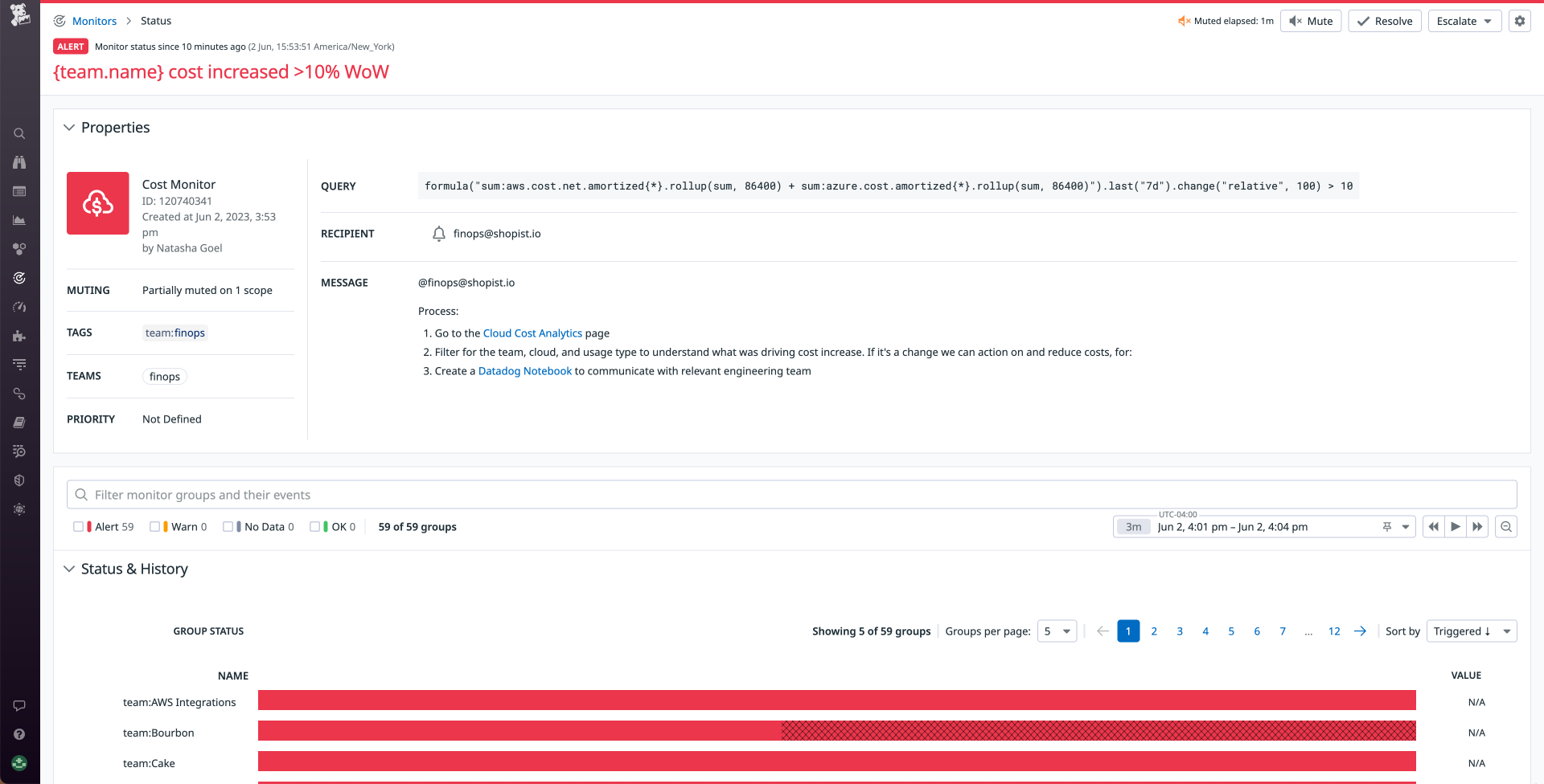 The monitor status page shows the alert history of a single monitor that groups costs using the team tag.