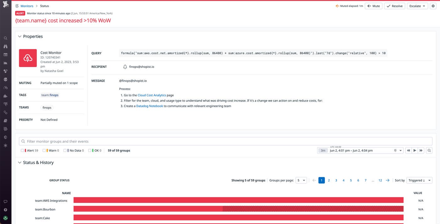 The monitor status page shows the alert history of a single monitor that groups costs using the team tag. The monitor status page shows the alert history of a single monitor that groups costs using the team tag.