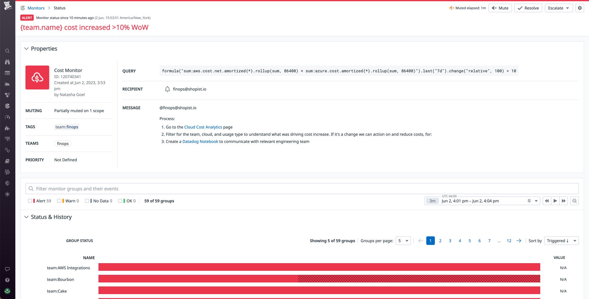 The monitor status page shows the alert history of a single monitor that groups costs using the team tag. The monitor status page shows the alert history of a single monitor that groups costs using the team tag.
