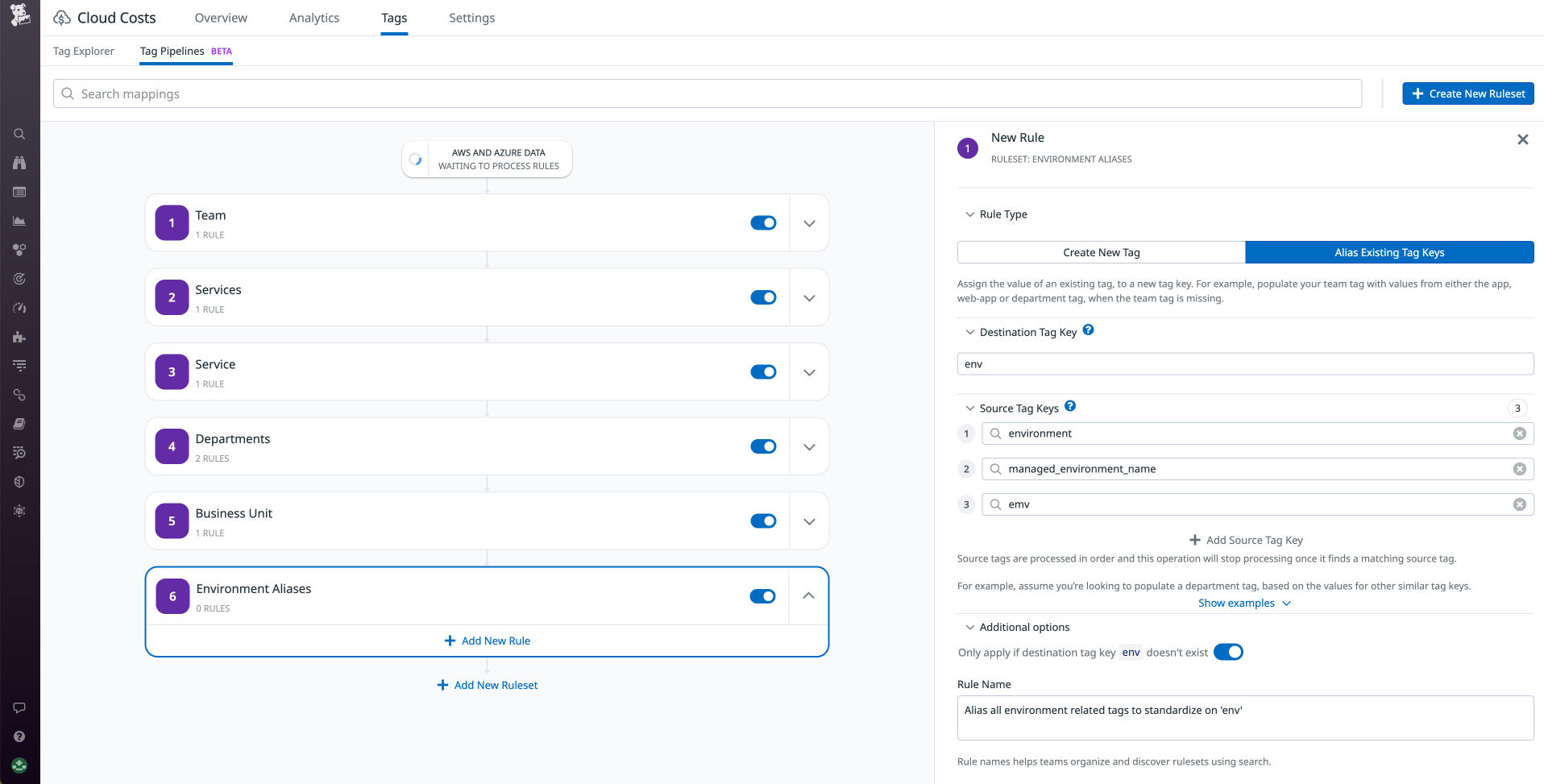 The Tag Pipelines page shows a new rule that watched for three different tag keys and aliases them to use a standard key.