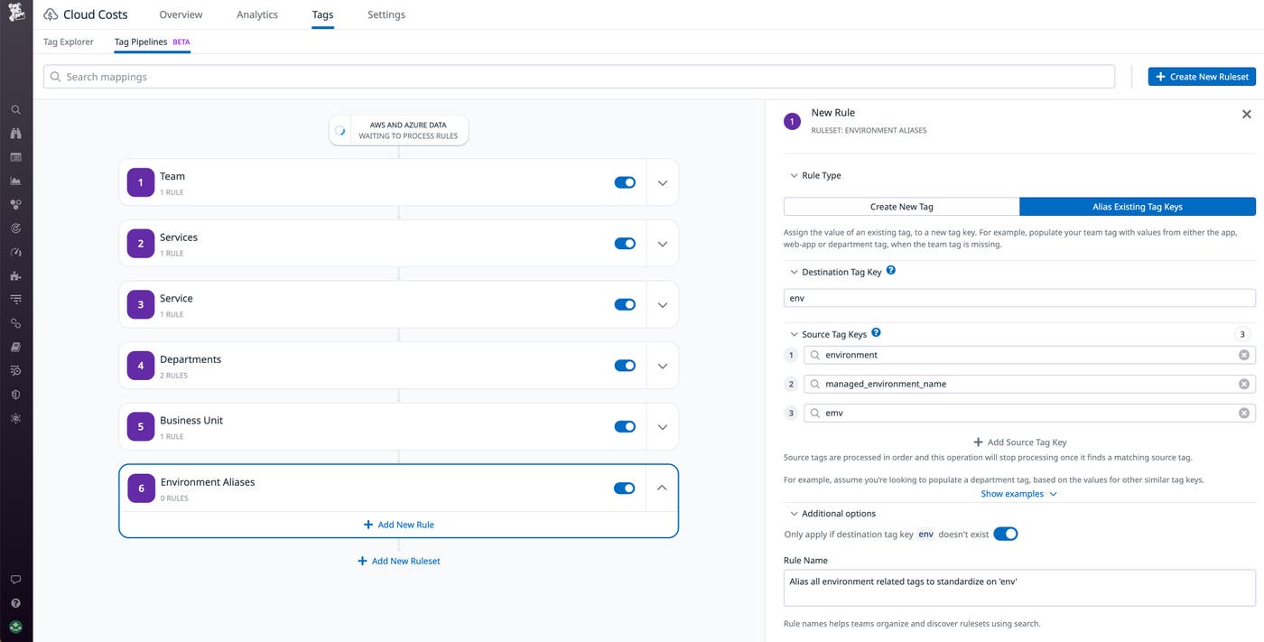 The Tag Pipelines page shows a new rule that watched for three different tag keys and aliases them to use a standard key. The Tag Pipelines page shows a new rule that watched for three different tag keys and aliases them to use a standard key.