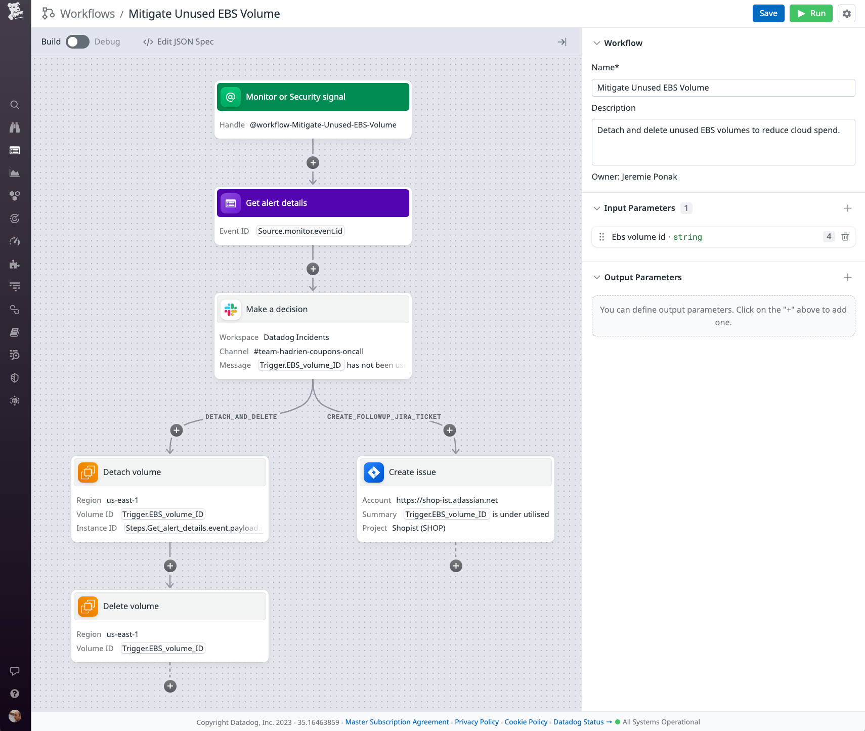 A screenshot illustrates the flow of a Workflow Automation and describes its steps for sending a Slack message, creating a Jira ticket, and detaching and deleting an EBS volume.