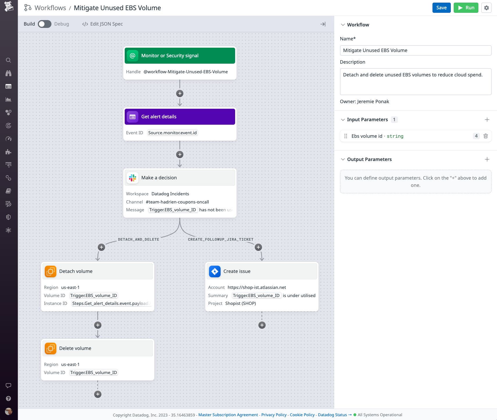 A screenshot illustrates the flow of a Workflow Automation and describes its steps for sending a Slack message, creating a Jira ticket, and detaching and deleting an EBS volume. A screenshot illustrates the flow of a Workflow Automation and describes its steps for sending a Slack message, creating a Jira ticket, and detaching and deleting an EBS volume.
