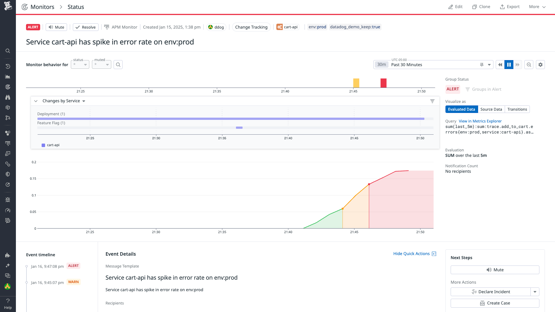 A monitor status page shows the deployment change and feature flag change, along with an event timeline and event details.