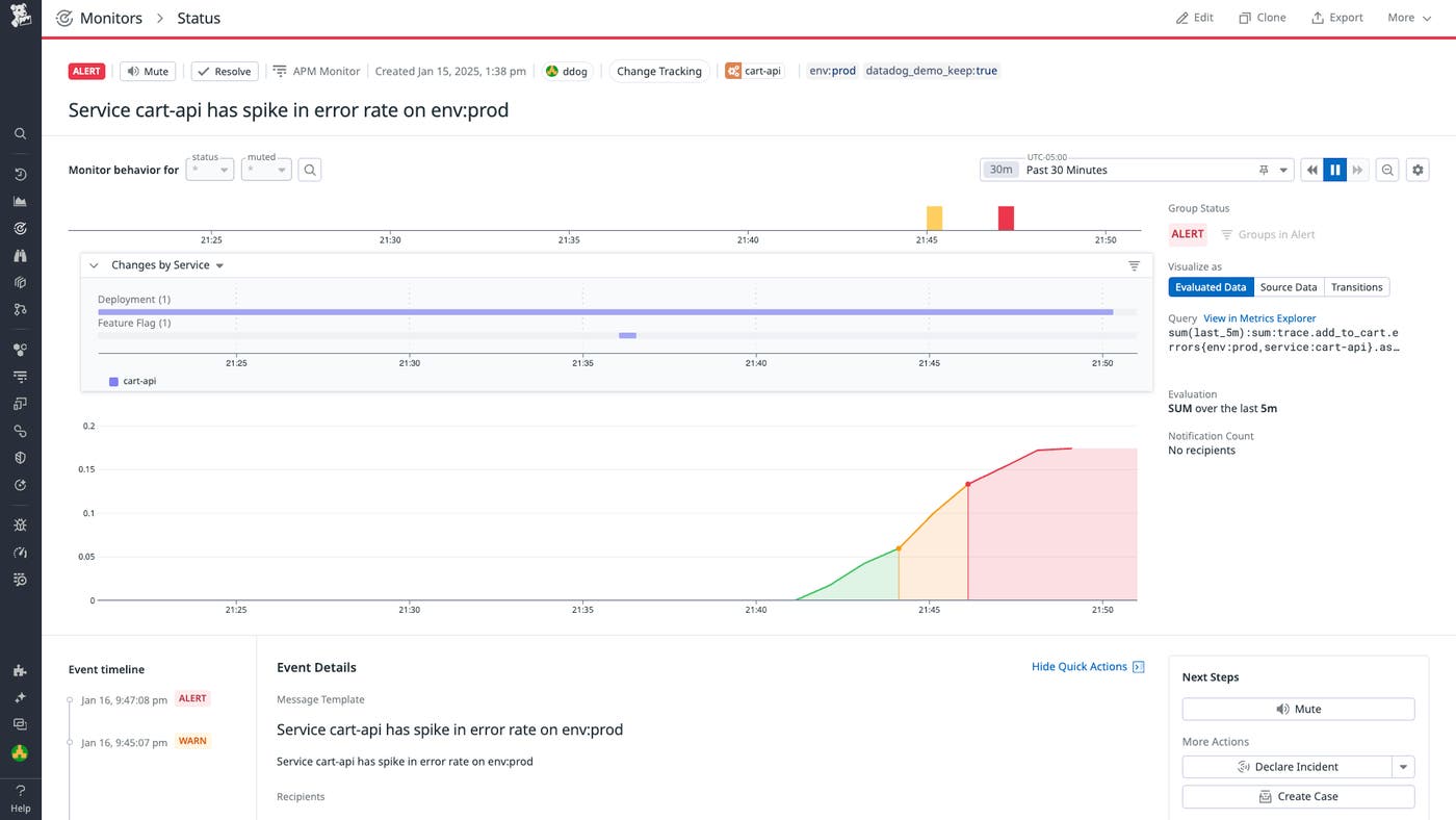 A monitor status page shows the deployment change and feature flag change, along with an event timeline and event details. A monitor status page shows the deployment change and feature flag change, along with an event timeline and event details.