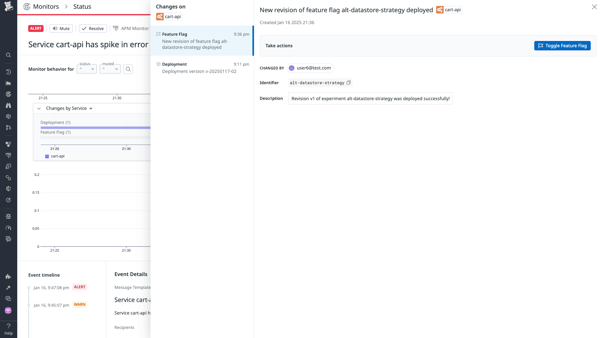 The side panel shows more details about the feature flag change, including the user who made the change, an identifier, and a description.