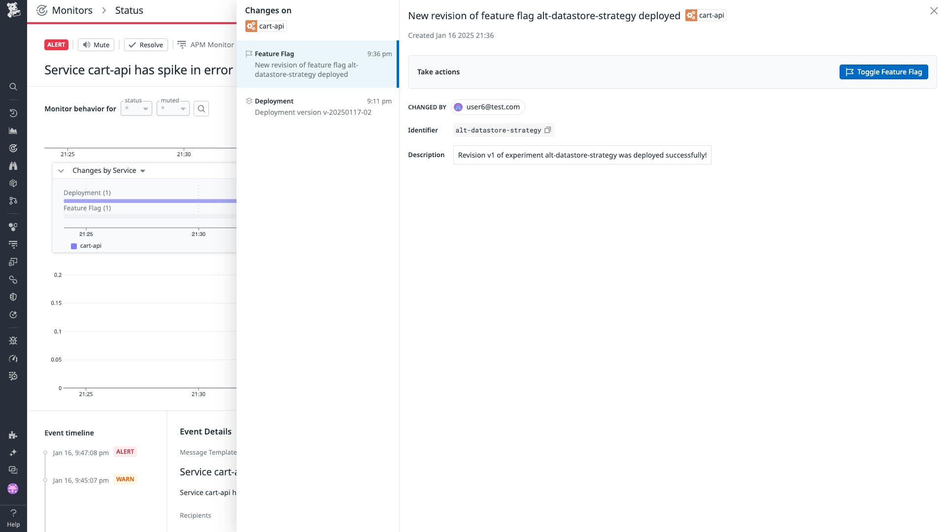 The side panel shows more details about the feature flag change, including the user who made the change, an identifier, and a description. The side panel shows more details about the feature flag change, including the user who made the change, an identifier, and a description.