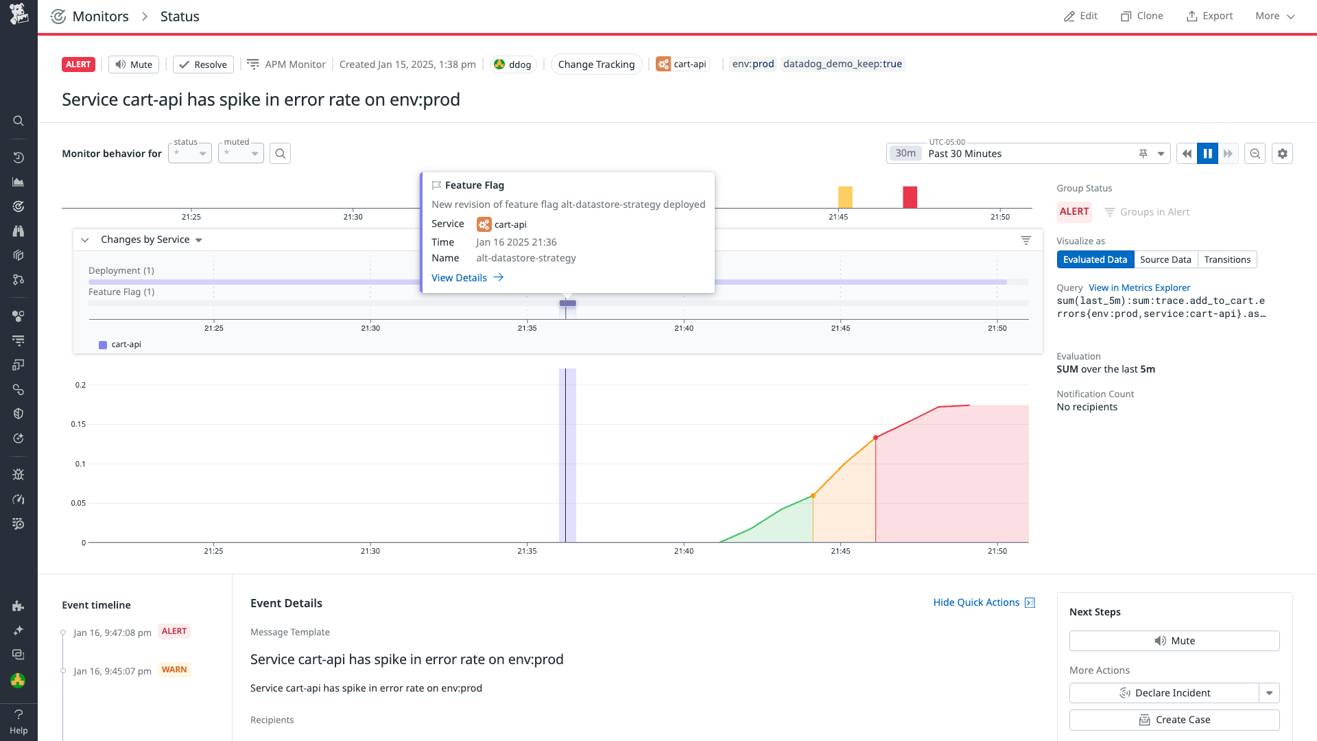 A monitor status page shows the name, timestamp, and associate service for a feature flag change.