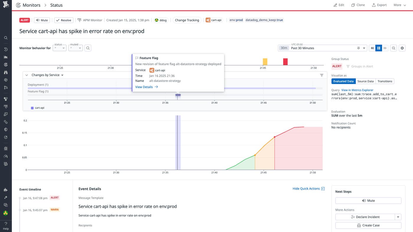 A monitor status page shows the name, timestamp, and associate service for a feature flag change. A monitor status page shows the name, timestamp, and associate service for a feature flag change.