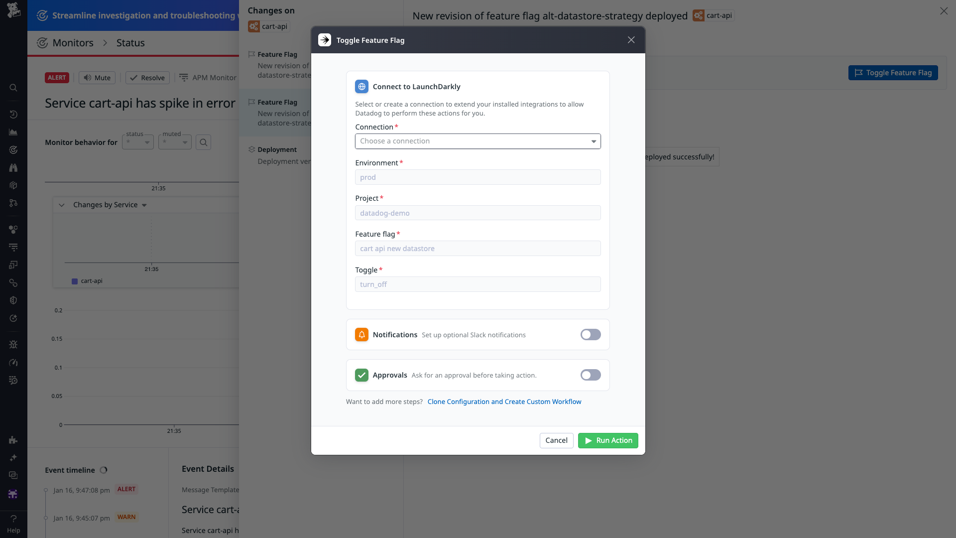 A configuration screen provides the option to connect to LaunchDarkly and toggle off the feature flag. The screen also presents options to toggle on Slack notifications and action approvals.