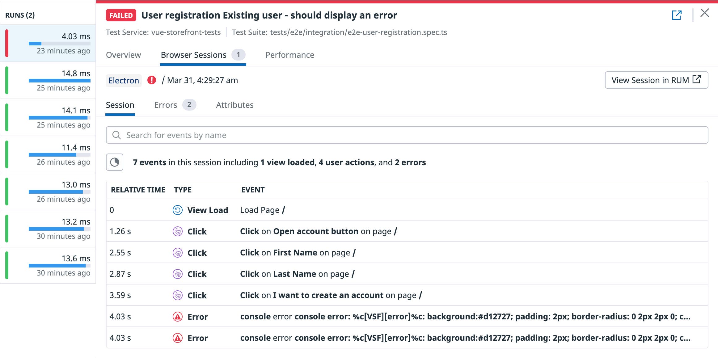 The CI Visibility Browser Sessions tab shows the events—page load, clicks, and errors—that make up a test. The CI Visibility Browser Sessions tab shows the events—page load, clicks, and errors—that make up a test.