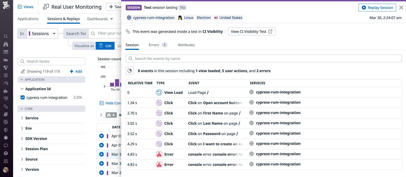 The RUM session view shows the events of a test and includes a button to view the test inside CI Visibility. The RUM session view shows the events of a test and includes a button to view the test inside CI Visibility.