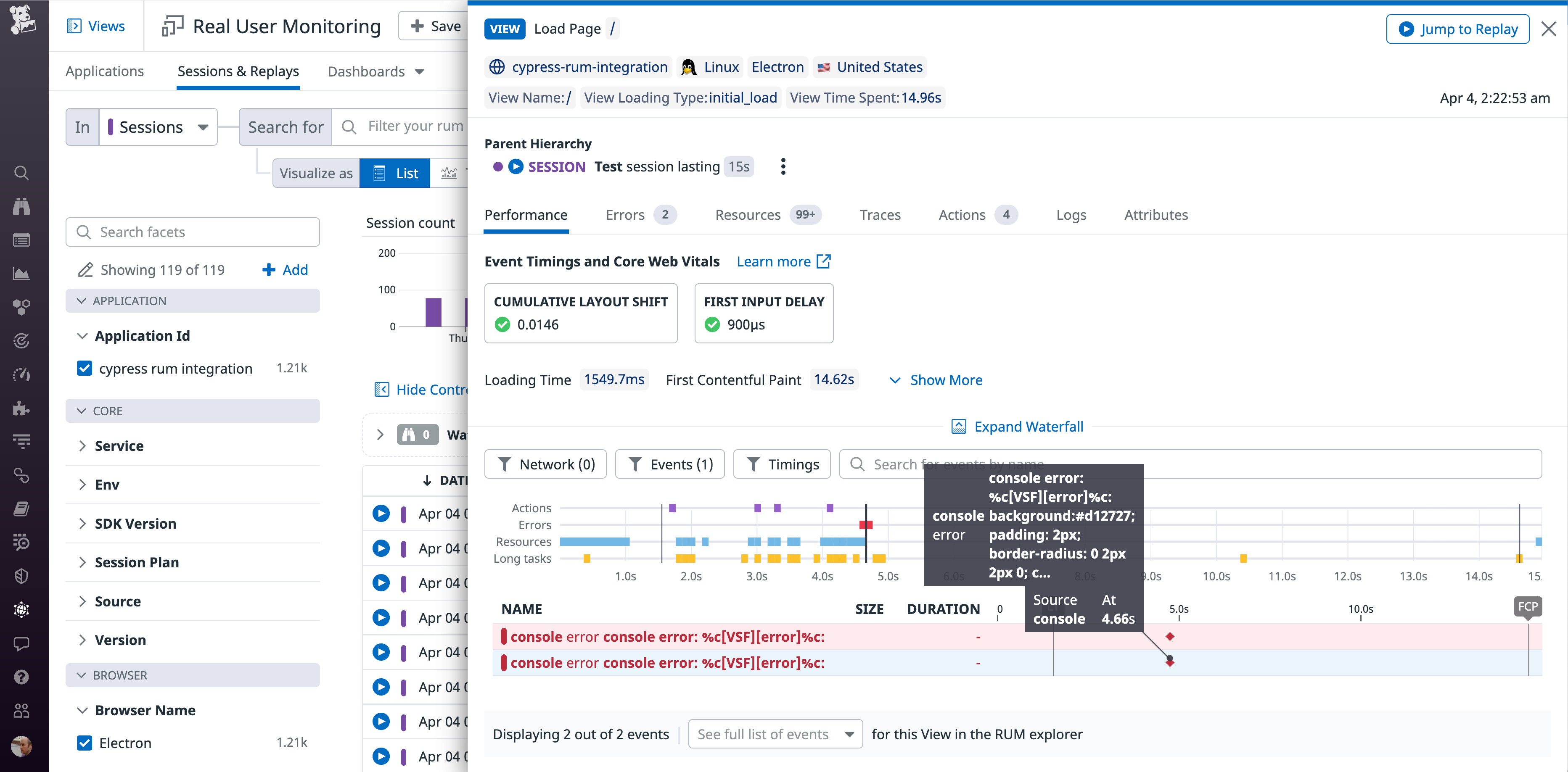 A screenshot shows the RUM view filtered to display all errors in a session.