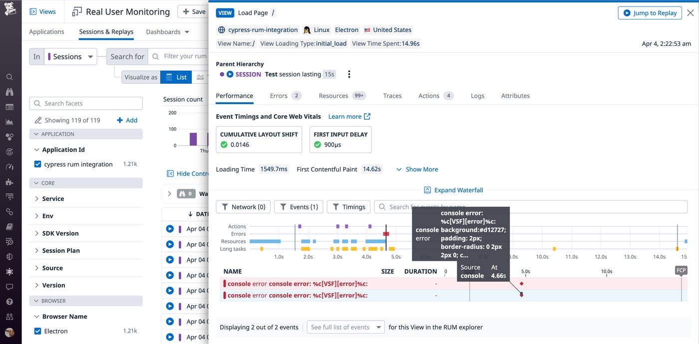 A screenshot shows the RUM view filtered to display all errors in a session. A screenshot shows the RUM view filtered to display all errors in a session.