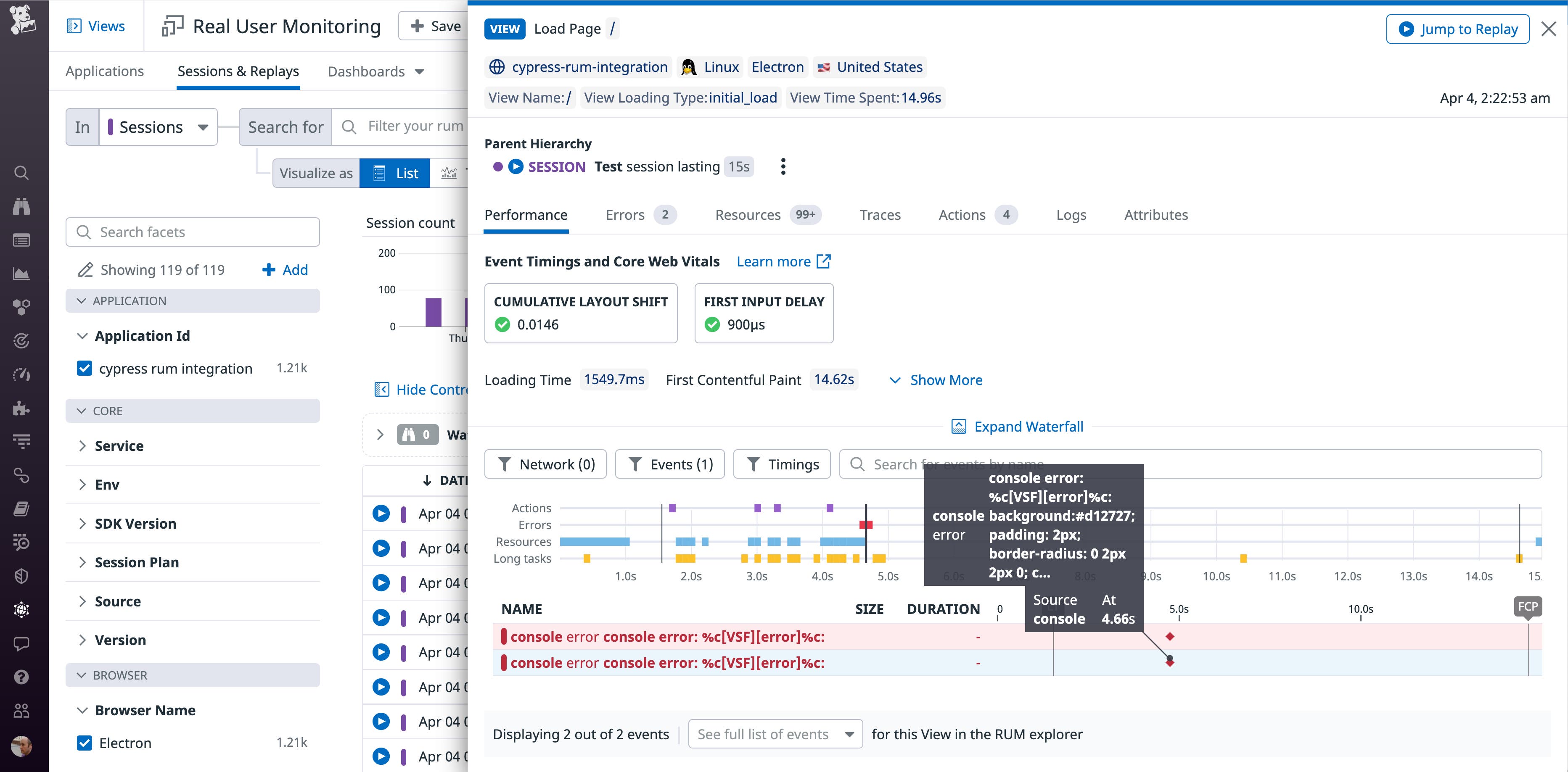A screenshot shows the RUM view filtered to display all errors in a session. A screenshot shows the RUM view filtered to display all errors in a session.