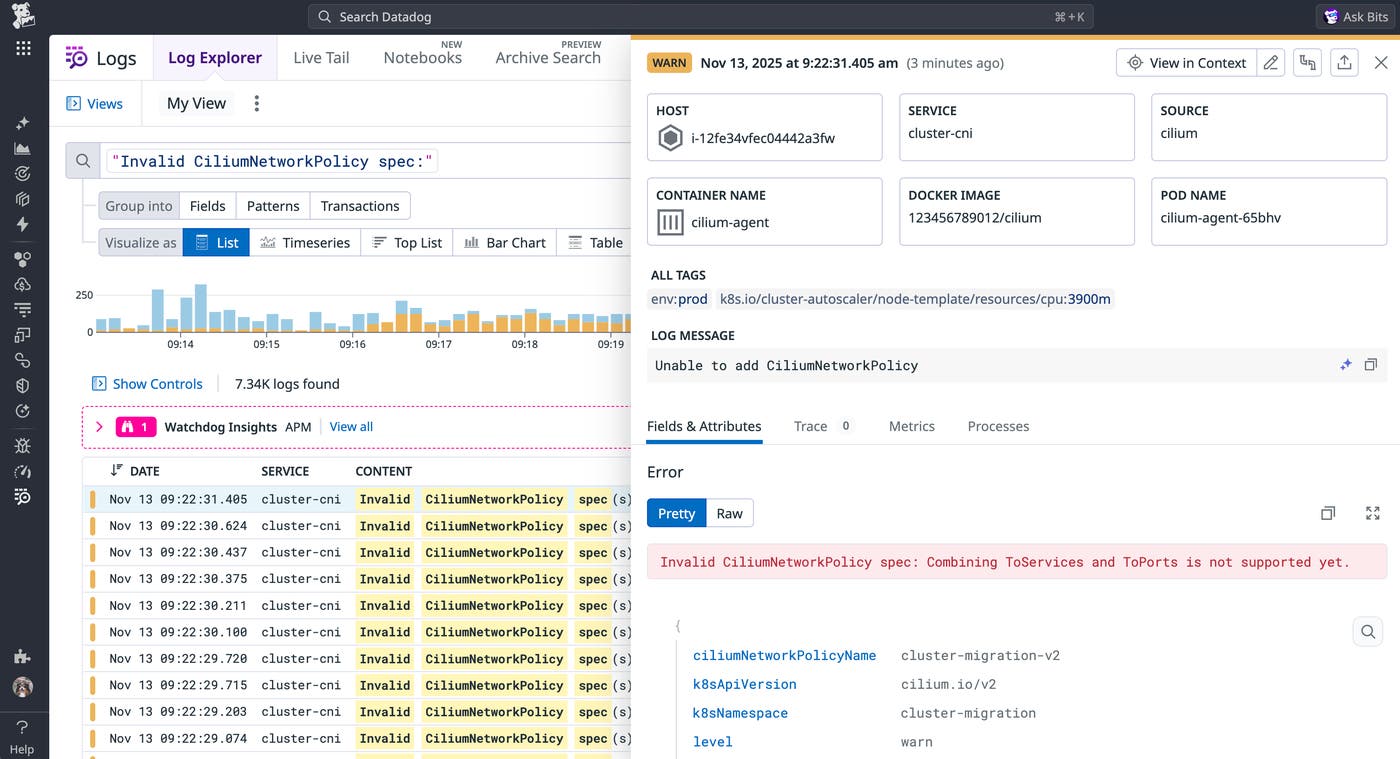 A screenshot showing a Cilium agent log A screenshot showing a Cilium agent log