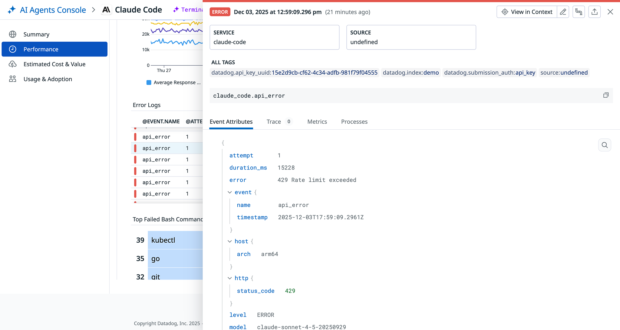 Correlated error log helping with Claude Code metrics investigation in the AI Agents Console.