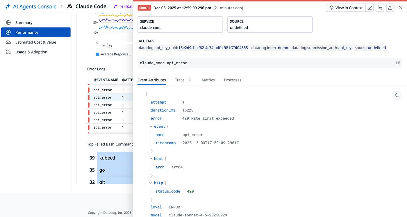 Correlated error log helping with Claude Code metrics investigation in the AI Agents Console. Correlated error log helping with Claude Code metrics investigation in the AI Agents Console.