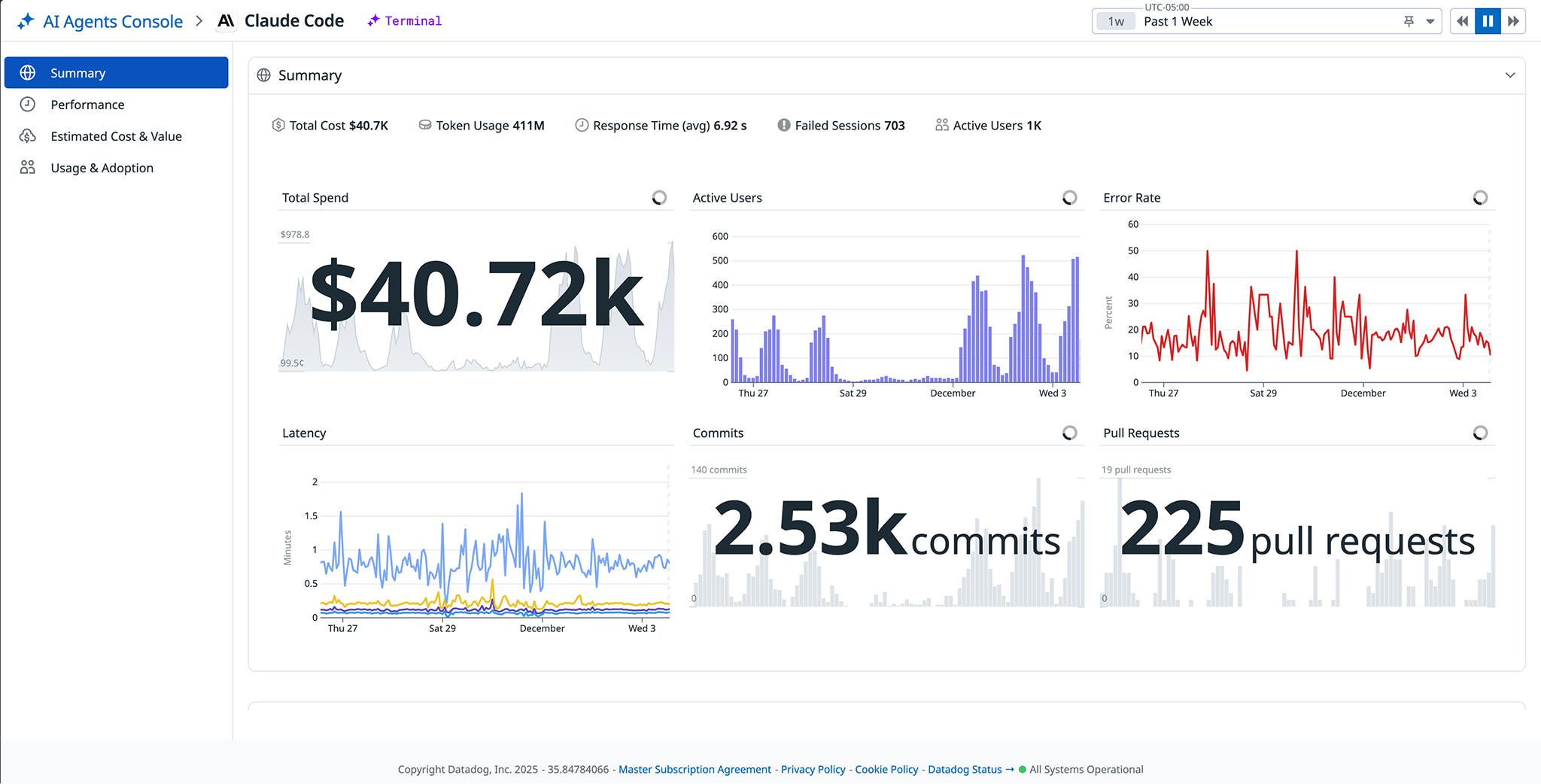 The Claude Code Overview shows real-time telemetry from Claude Code sessions in a consolidated view. The Claude Code Overview shows real-time telemetry from Claude Code sessions in a consolidated view.