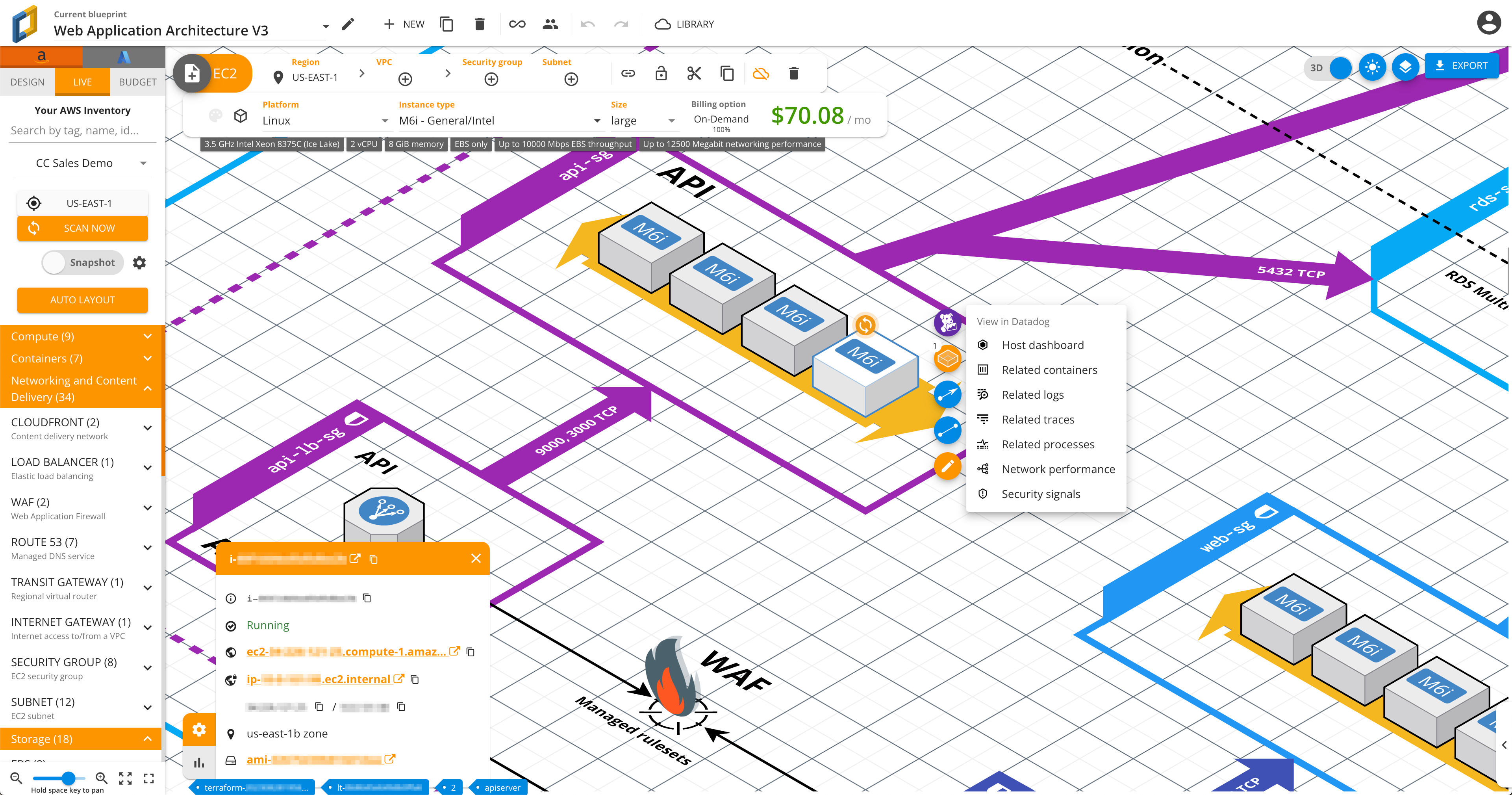 Pivot between Cloudcraft and Datadog to get live monitoring data for the resources in your diagram.