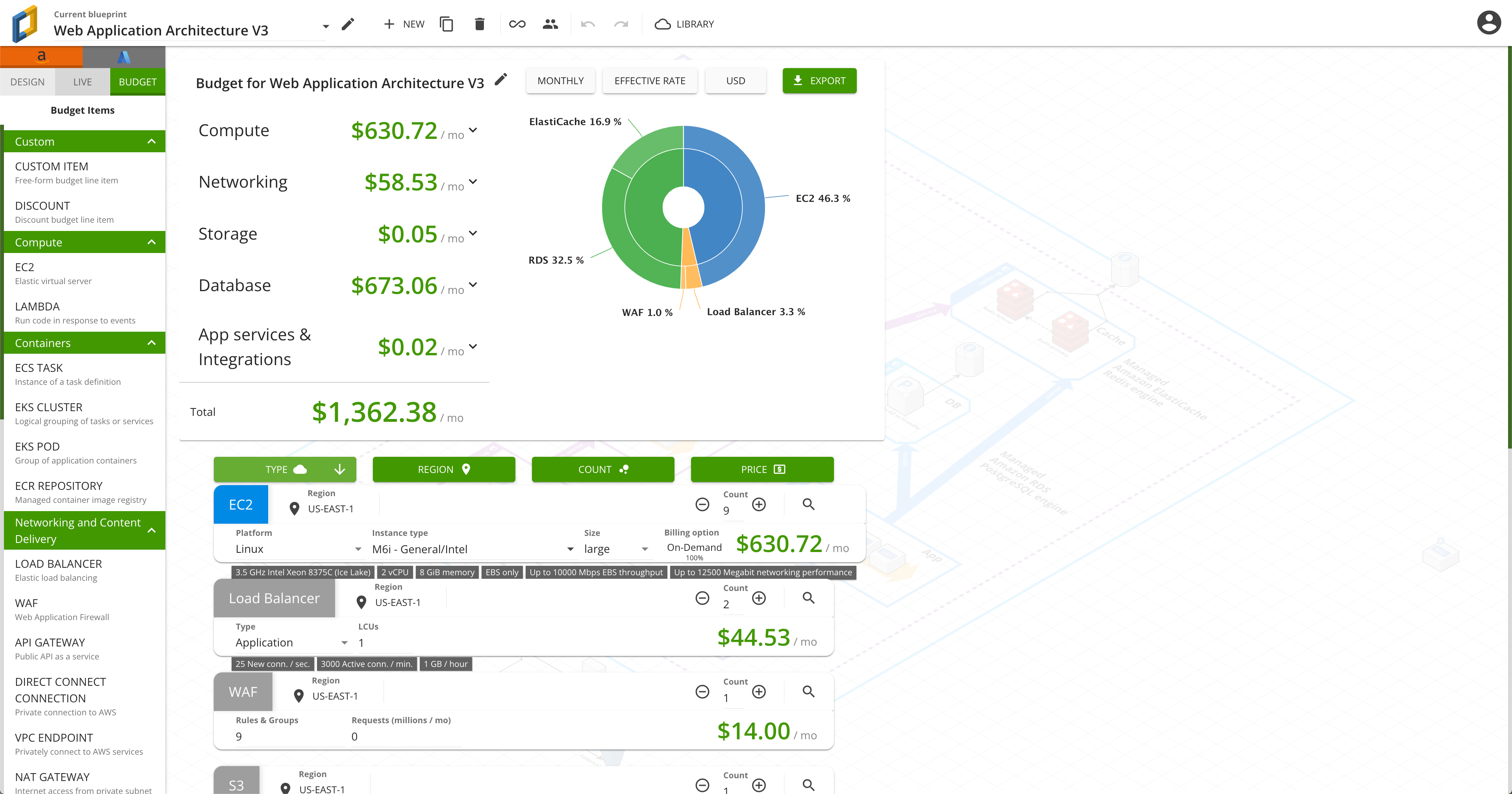 View the projected cost of all the resources in your diagram with Cloudcraft Budget.