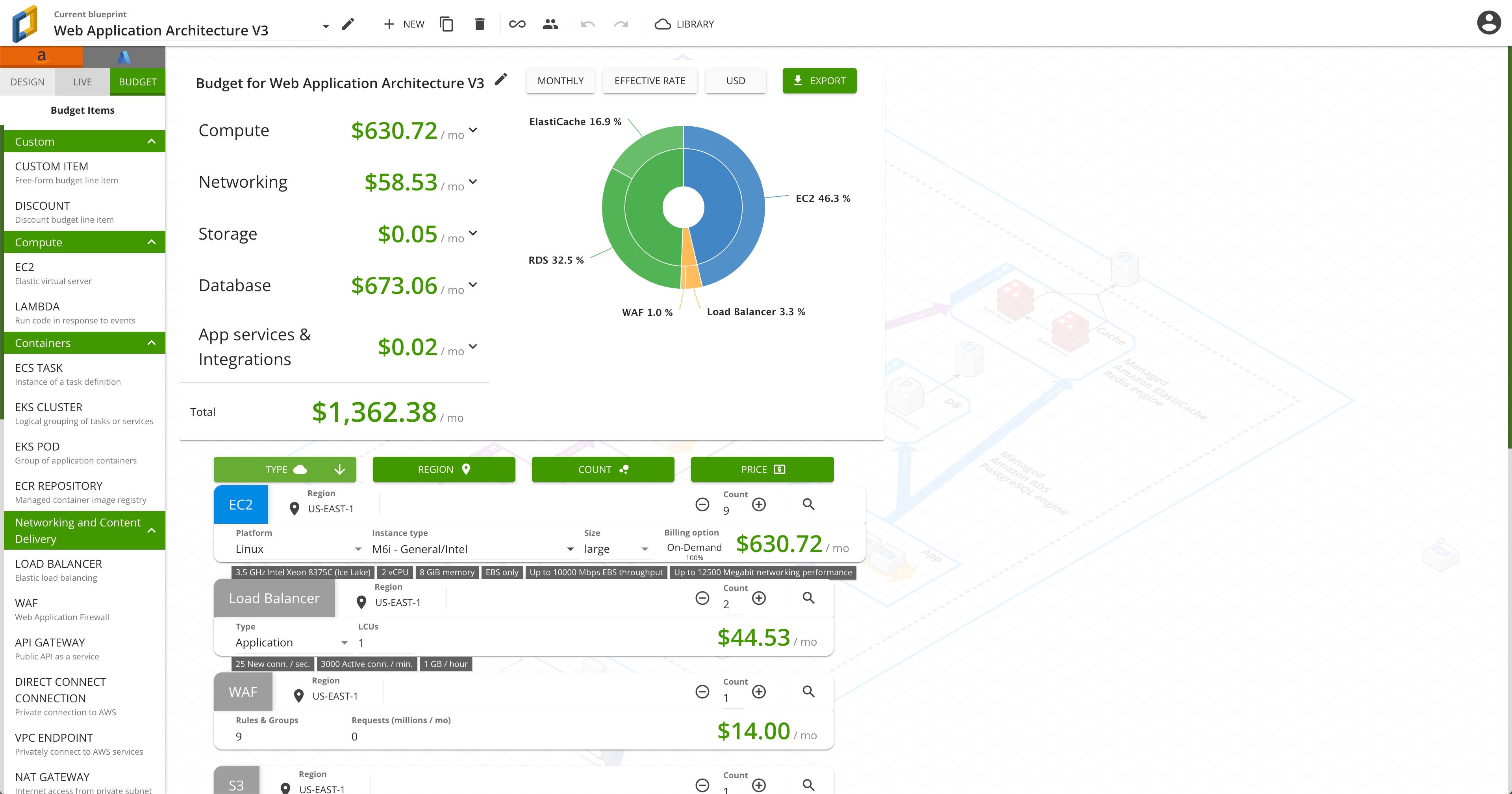 View the projected cost of all the resources in your diagram with Cloudcraft Budget. View the projected cost of all the resources in your diagram with Cloudcraft Budget.