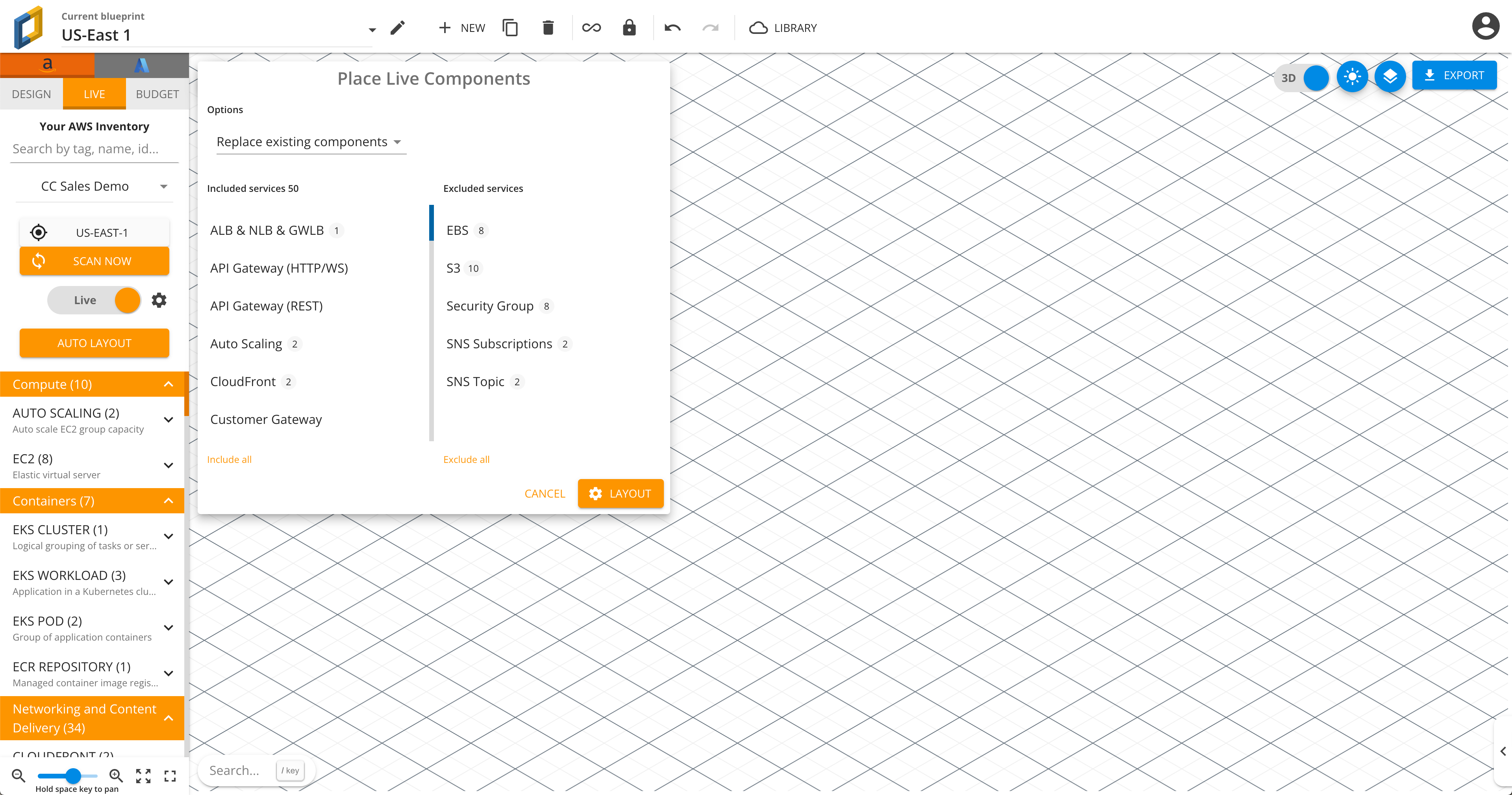 Auto-populate a cloud infrastructure diagram with Cloudcraft's automatic scanning of your AWS and Azure resources.