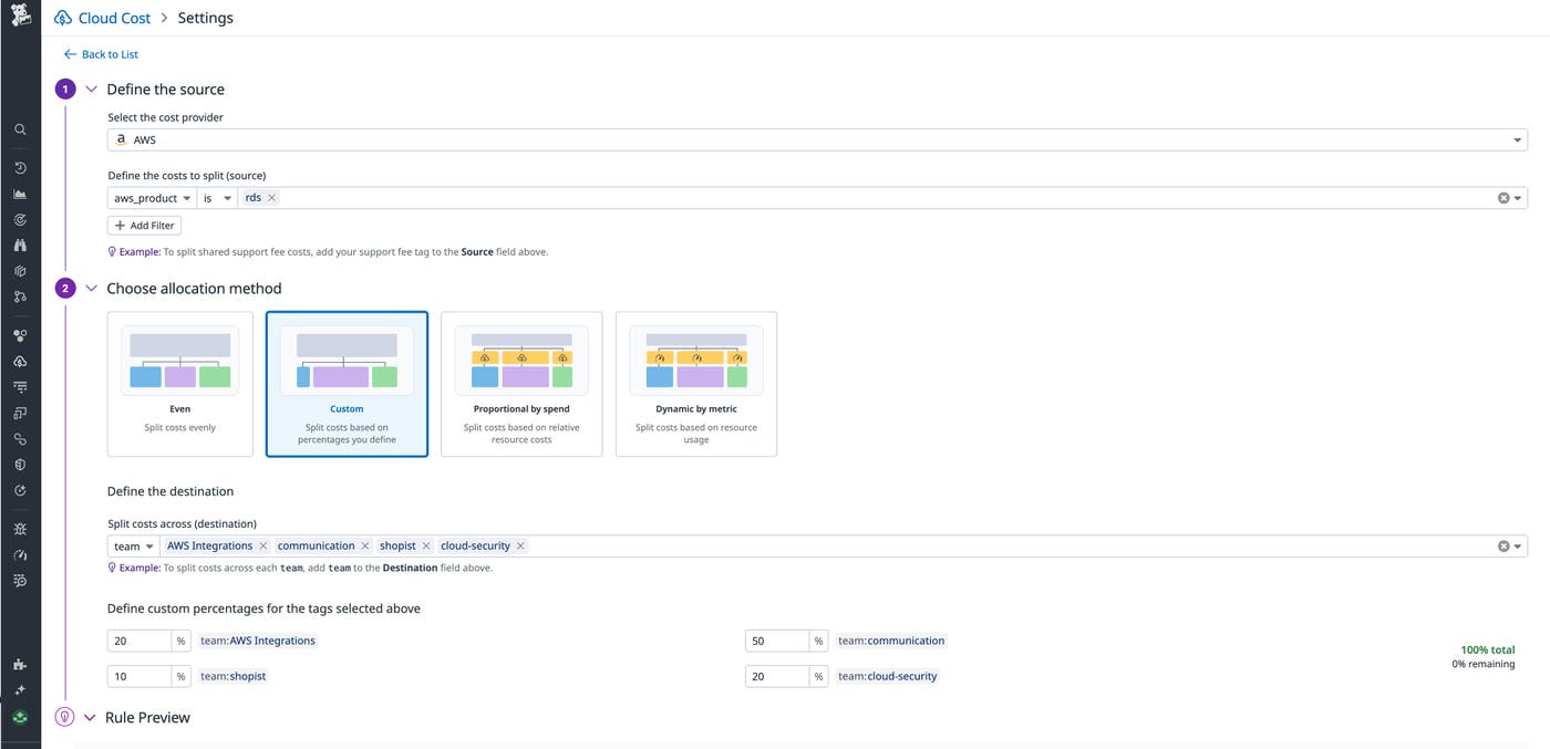 A custom allocation rule that splits AWS costs across four teams. A custom allocation rule that splits AWS costs across four teams.