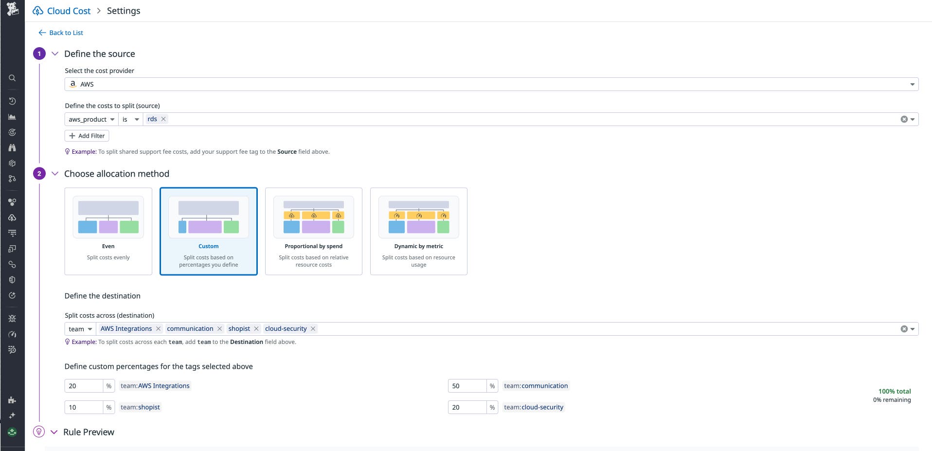 A custom allocation rule that splits AWS costs across four teams. A custom allocation rule that splits AWS costs across four teams.