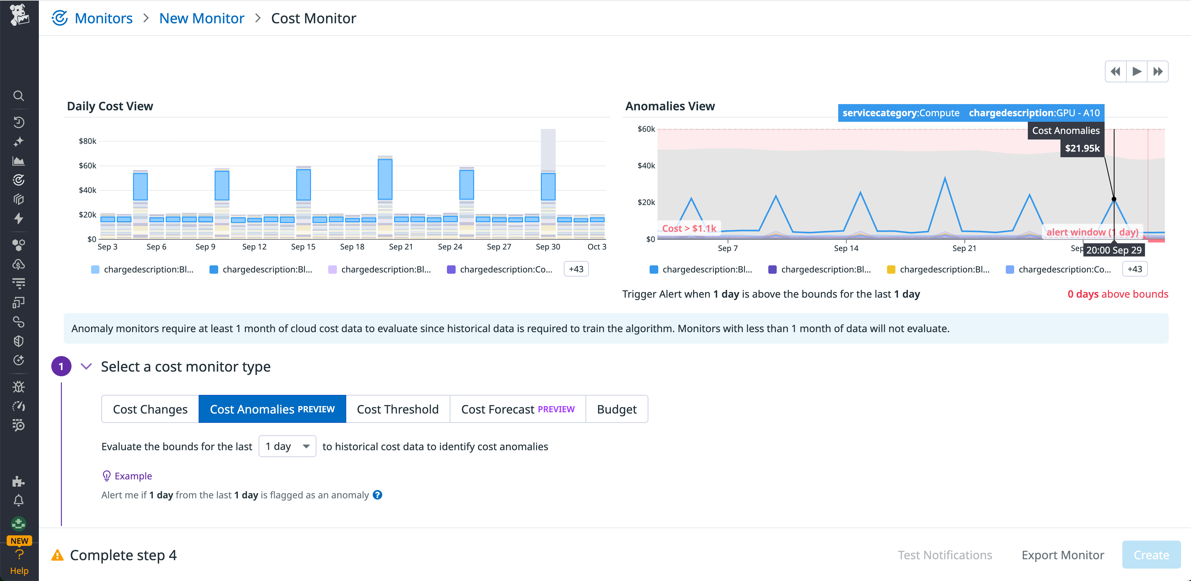Screenshot of a Datadog cost monitor that is configured to detect cost anomalies for OCI resources.