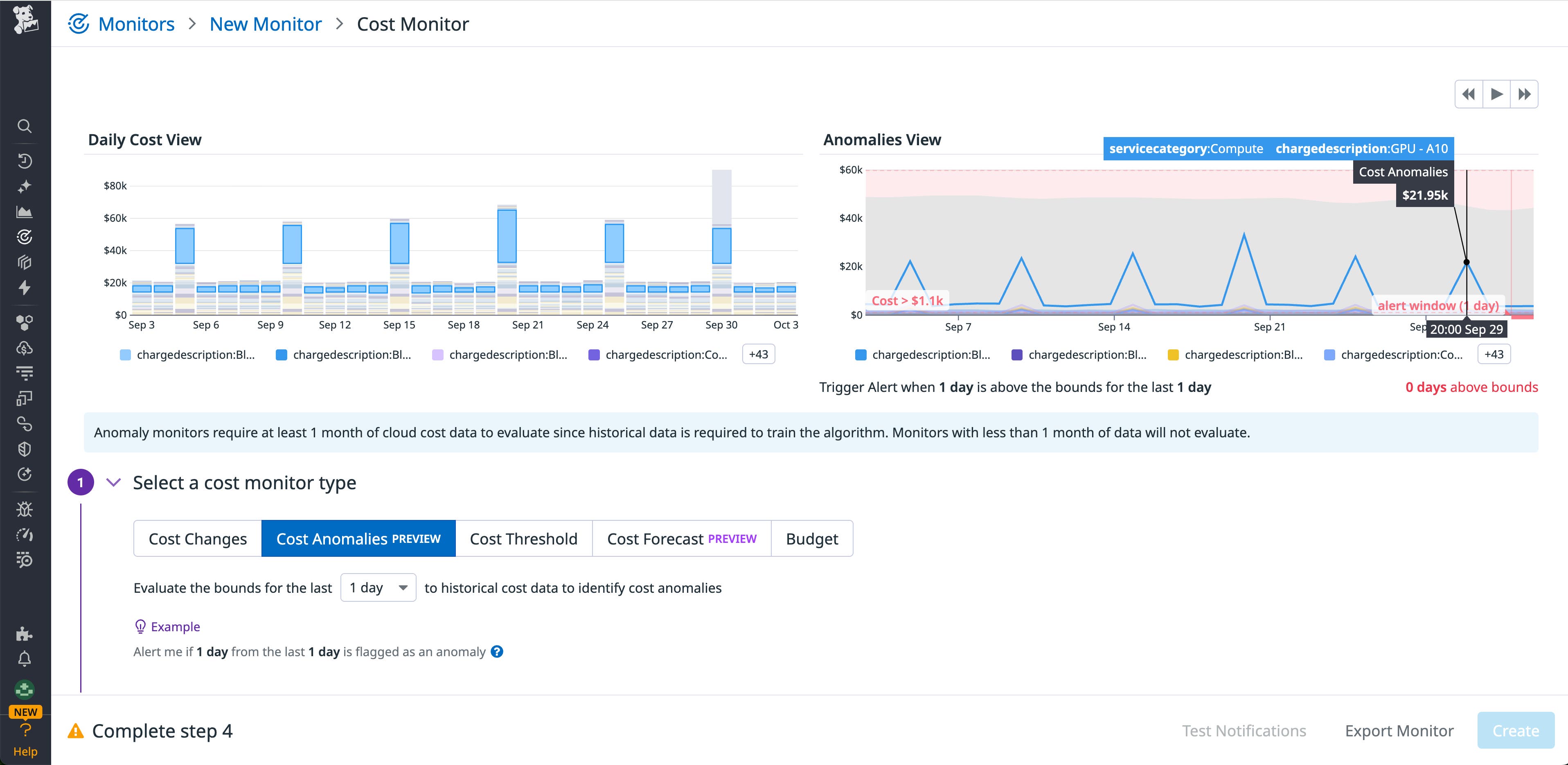 Screenshot of a Datadog cost monitor that is configured to detect cost anomalies for OCI resources. Screenshot of a Datadog cost monitor that is configured to detect cost anomalies for OCI resources.