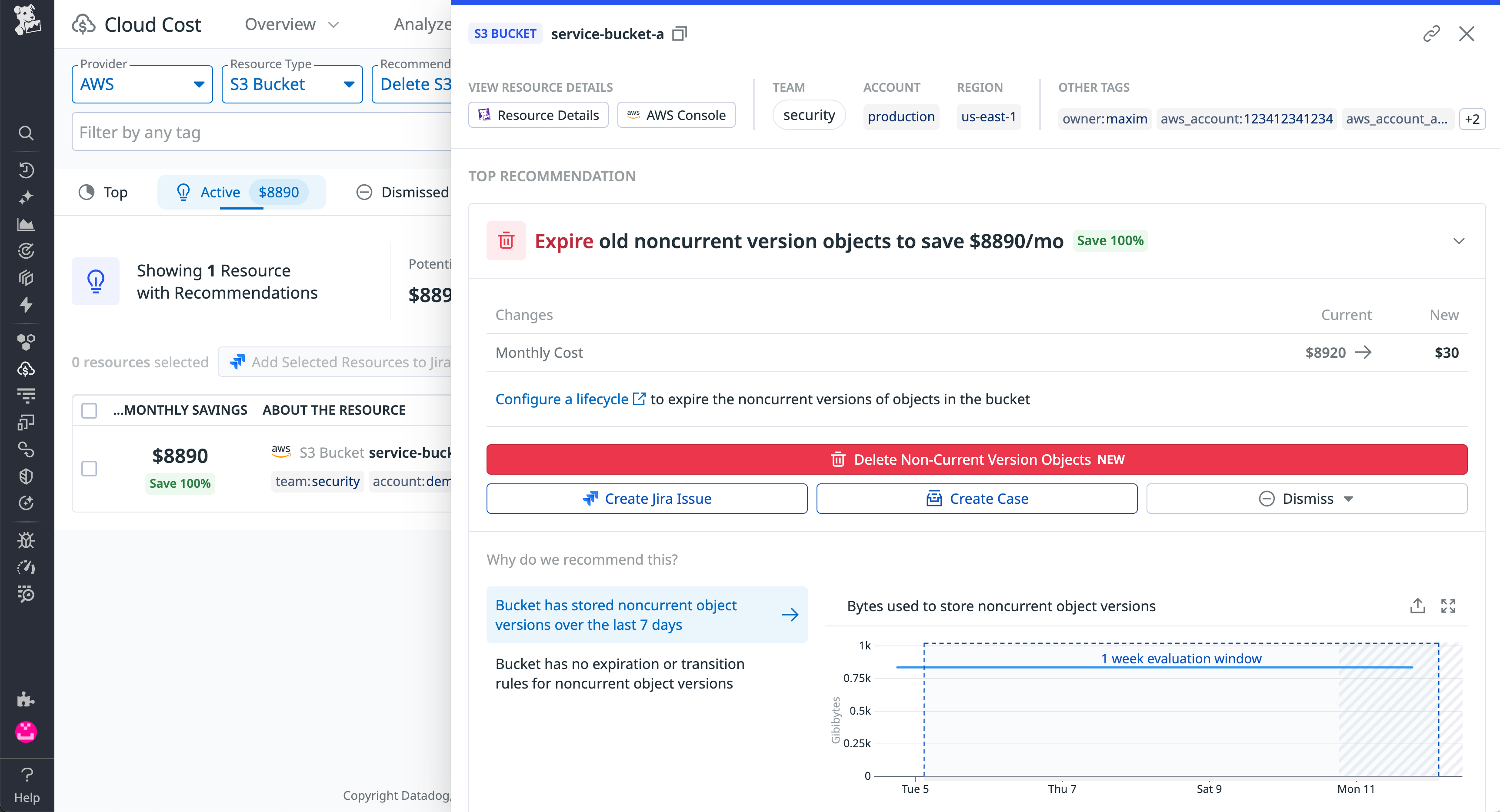 Datadog Cloud Cost Explorer screenshot with a top recommendation: Expire old noncurrent version objects to save $8890/month. Red action button reads Delete Non-Current Version Objects. Chart below shows rising storage costs from noncurrent versions.