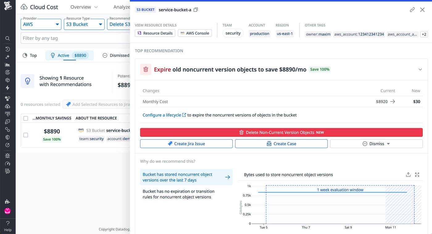 Datadog Cloud Cost Explorer screenshot with a top recommendation: Expire old noncurrent version objects to save $8890/month. Red action button reads Delete Non-Current Version Objects. Chart below shows rising storage costs from noncurrent versions. Datadog Cloud Cost Explorer screenshot with a top recommendation: Expire old noncurrent version objects to save $8890/month. Red action button reads Delete Non-Current Version Objects. Chart below shows rising storage costs from noncurrent versions.