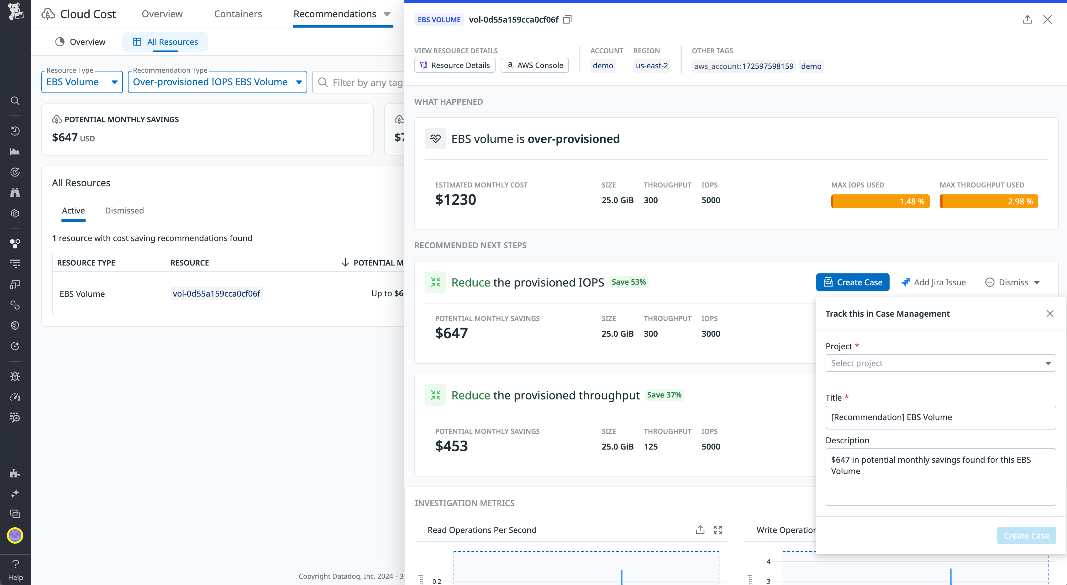 Screenshot of the Datadog Cloud Cost Recommendations page showing potential monthly savings for an EBS volume with over-provisioned IOPS and an estimated monthly cost of $1380.