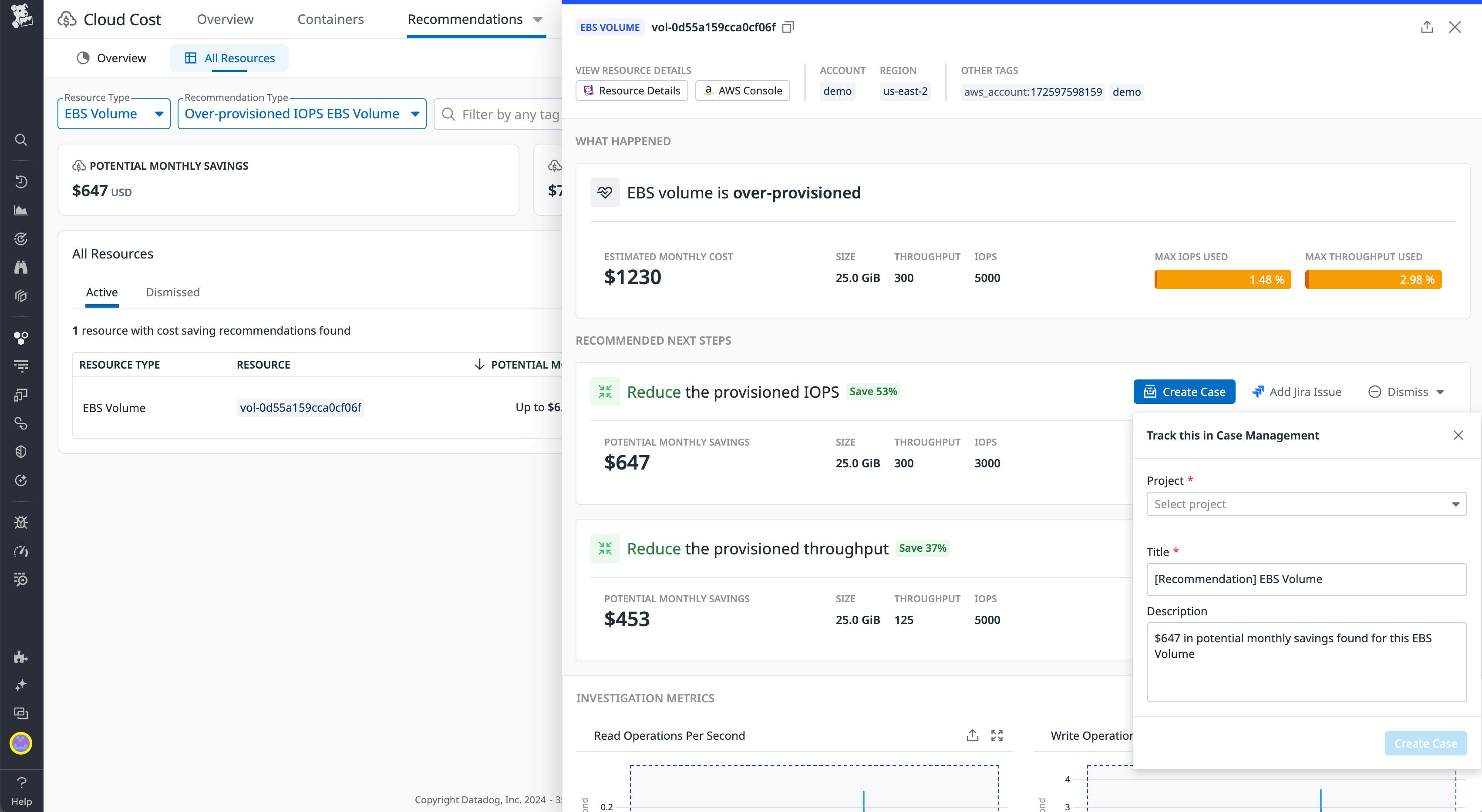 Screenshot of the Datadog Cloud Cost Recommendations page showing potential monthly savings for an EBS volume with over-provisioned IOPS and an estimated monthly cost of $1380. Screenshot of the Datadog Cloud Cost Recommendations page showing potential monthly savings for an EBS volume with over-provisioned IOPS and an estimated monthly cost of $1380.
