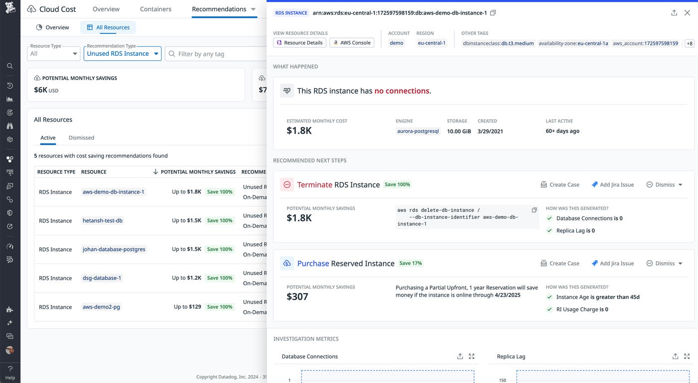 Datadog Cloud Costs Recommendations page showing a recommendation to terminate an unused RDS instance, estimating a potential monthly savings of $1,800. Datadog Cloud Costs Recommendations page showing a recommendation to terminate an unused RDS instance, estimating a potential monthly savings of $1,800.