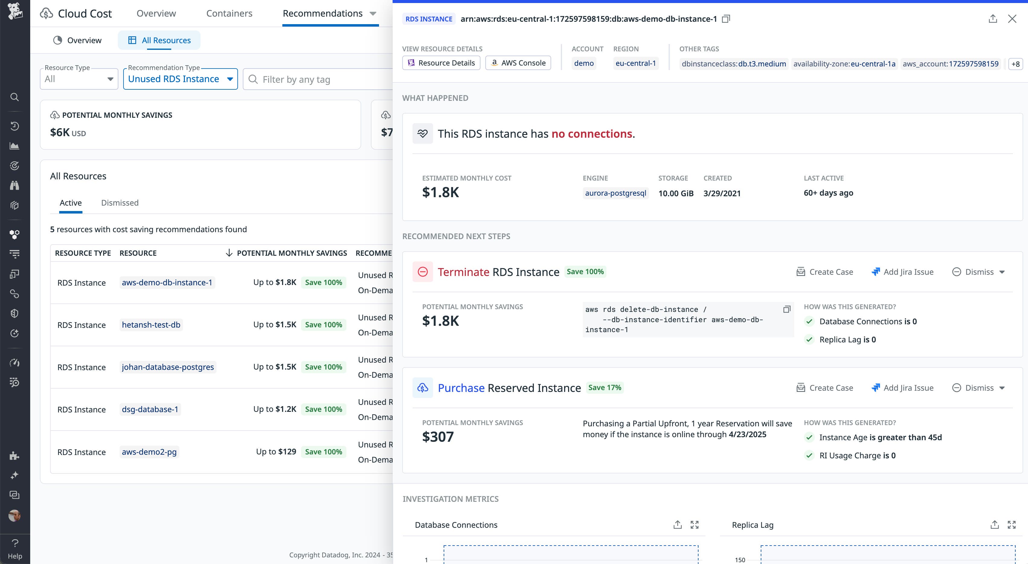 Datadog Cloud Costs Recommendations page showing a recommendation to terminate an unused RDS instance, estimating a potential monthly savings of $1,800. Datadog Cloud Costs Recommendations page showing a recommendation to terminate an unused RDS instance, estimating a potential monthly savings of $1,800.