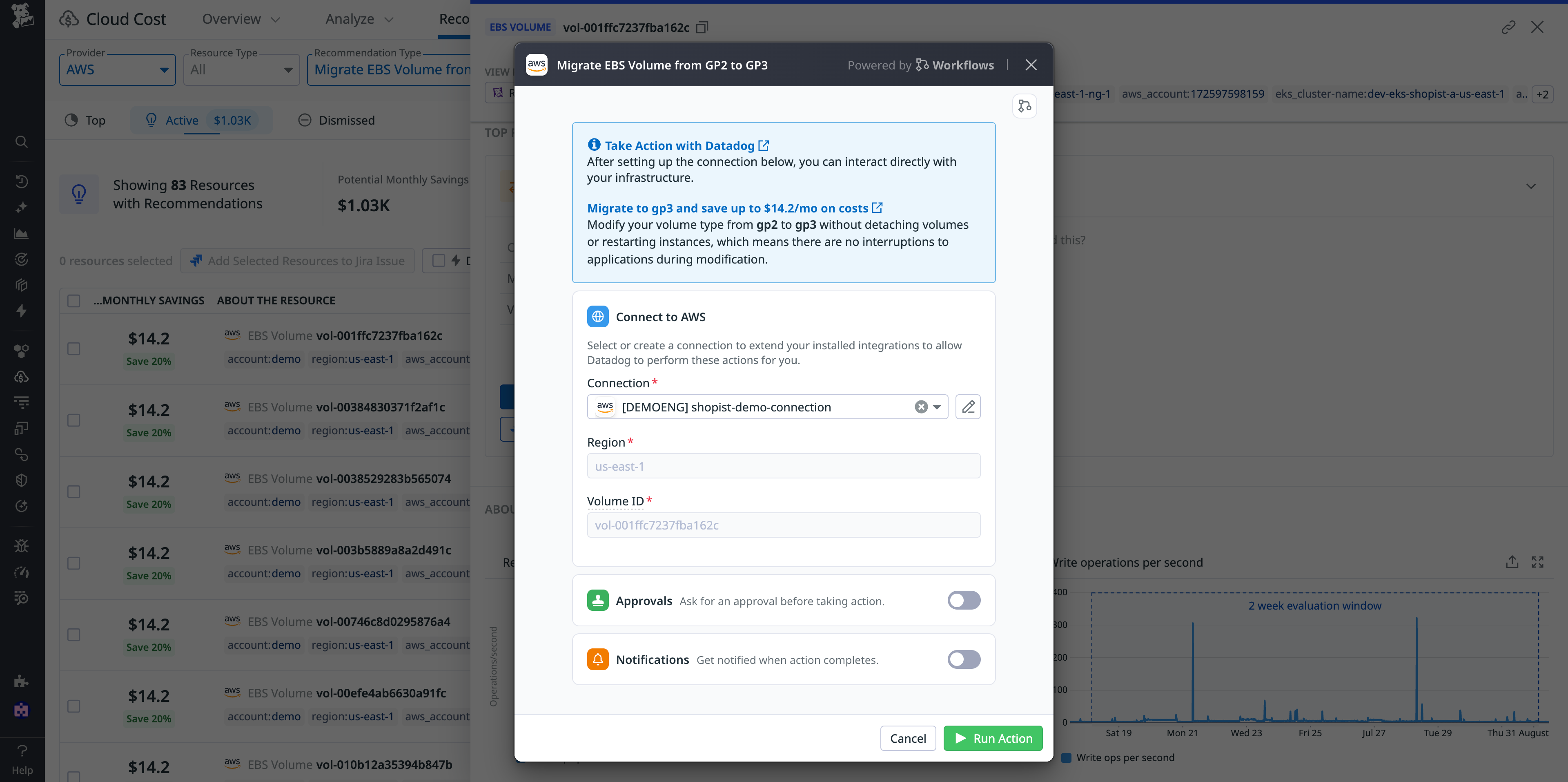 View of a user initiating a workflow to migrate Amazon EBS volumes from gp2 to gp3. The user can do this directly from the Datadog UI using Datadog Native Actions, powered by Workflow Automation.