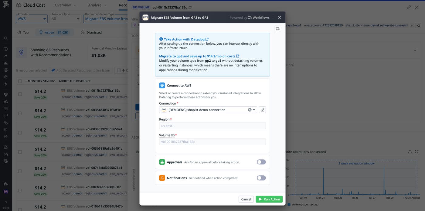 View of a user initiating a workflow to migrate Amazon EBS volumes from gp2 to gp3. The user can do this directly from the Datadog UI using Datadog Native Actions, powered by Workflow Automation. View of a user initiating a workflow to migrate Amazon EBS volumes from gp2 to gp3. The user can do this directly from the Datadog UI using Datadog Native Actions, powered by Workflow Automation.