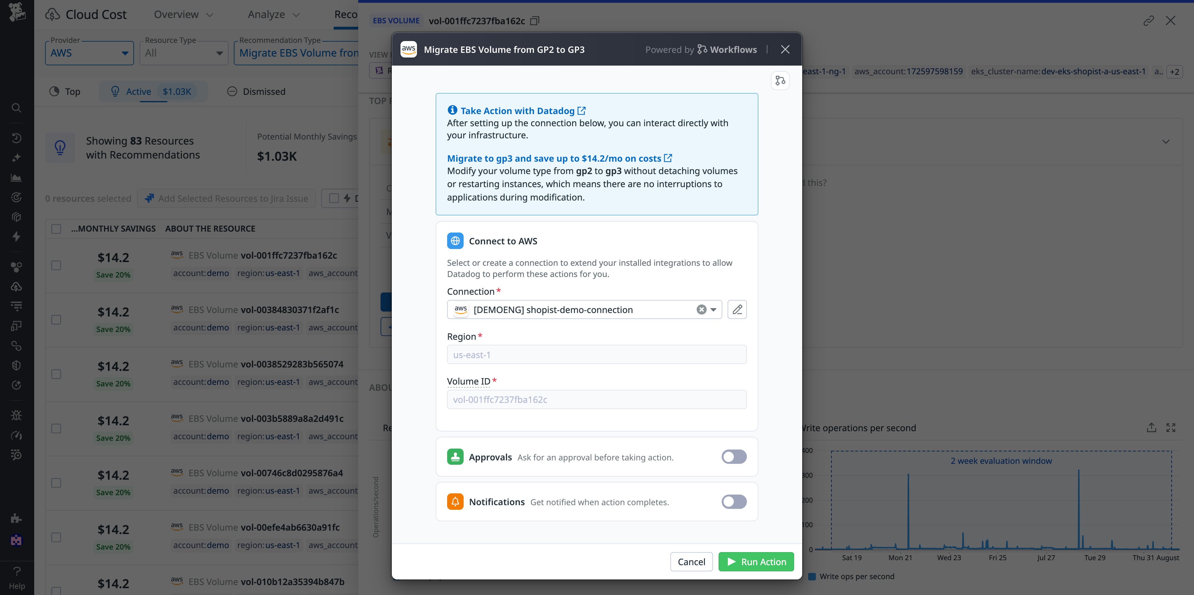 View of a user initiating a workflow to migrate Amazon EBS volumes from gp2 to gp3. The user can do this directly from the Datadog UI using Datadog Native Actions, powered by Workflow Automation. View of a user initiating a workflow to migrate Amazon EBS volumes from gp2 to gp3. The user can do this directly from the Datadog UI using Datadog Native Actions, powered by Workflow Automation.