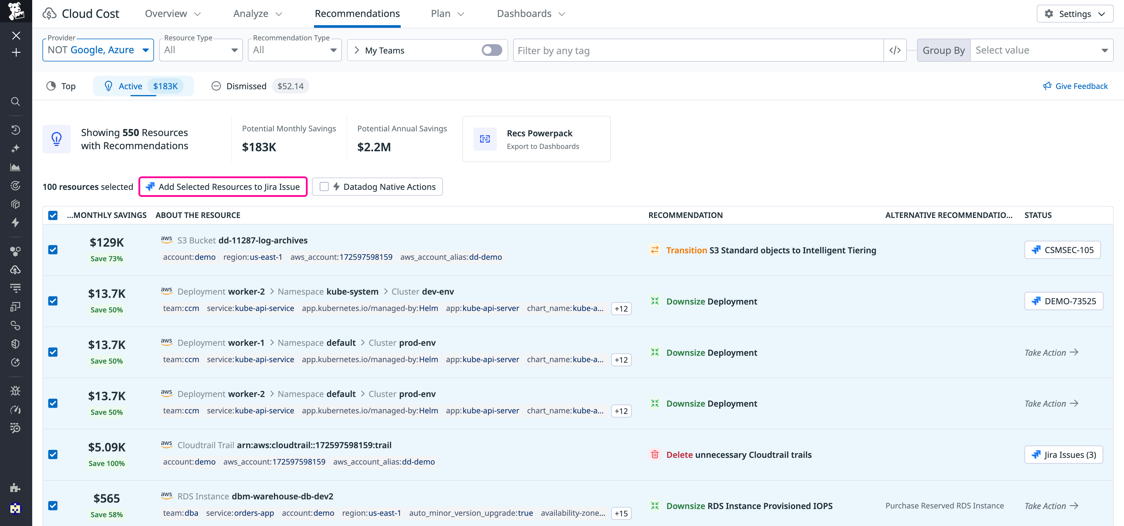 View of user bulk adding AWS-related recommendations to a Jira issue from the Active Recommendations tab