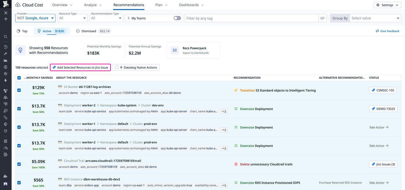 View of user bulk adding AWS-related recommendations to a Jira issue from the Active Recommendations tab View of user bulk adding AWS-related recommendations to a Jira issue from the Active Recommendations tab