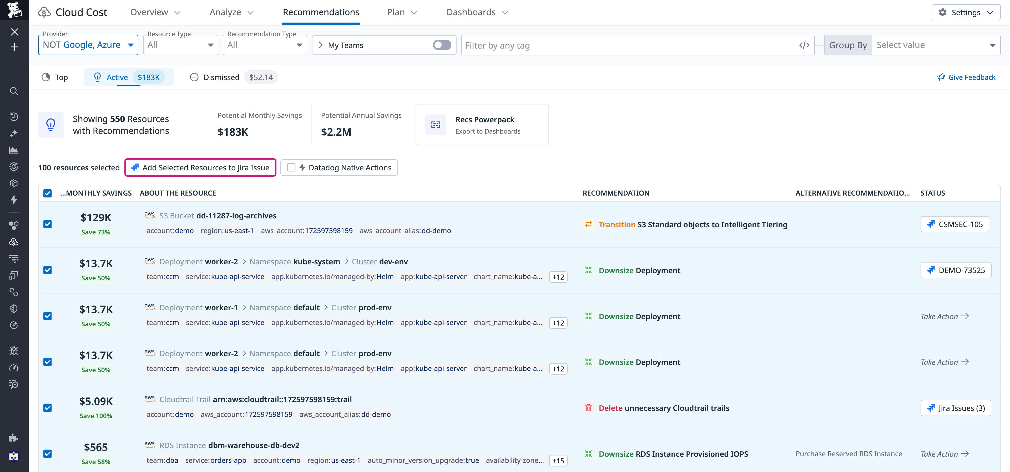 View of user bulk adding AWS-related recommendations to a Jira issue from the Active Recommendations tab View of user bulk adding AWS-related recommendations to a Jira issue from the Active Recommendations tab