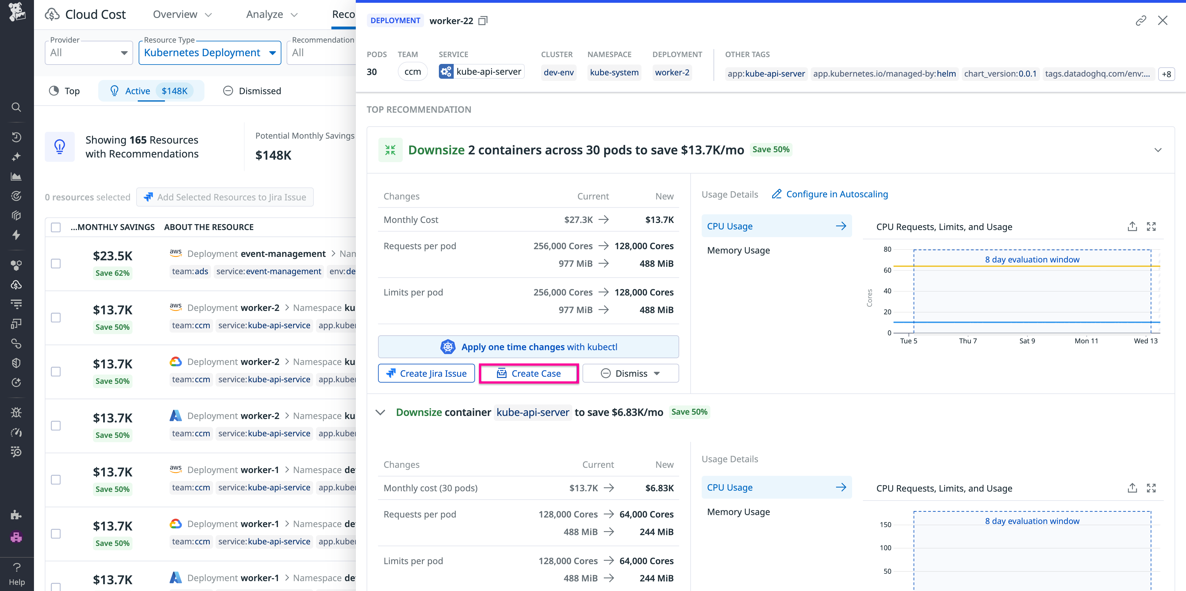 View of a user creating a case from a recommendation's side panel