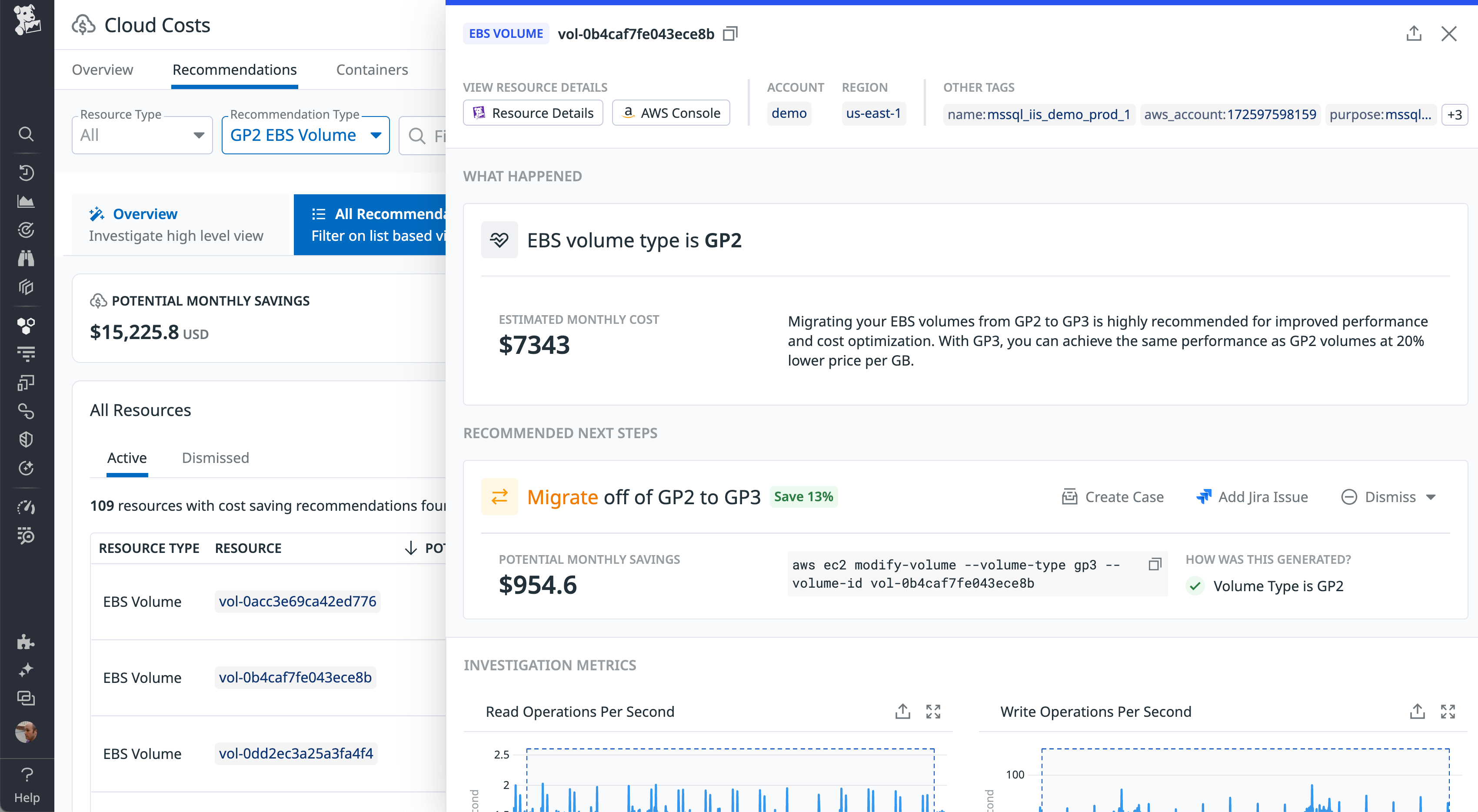 Recommendations for migrating EBS volume type from gp2 to gp3 with potential monthly savings details.