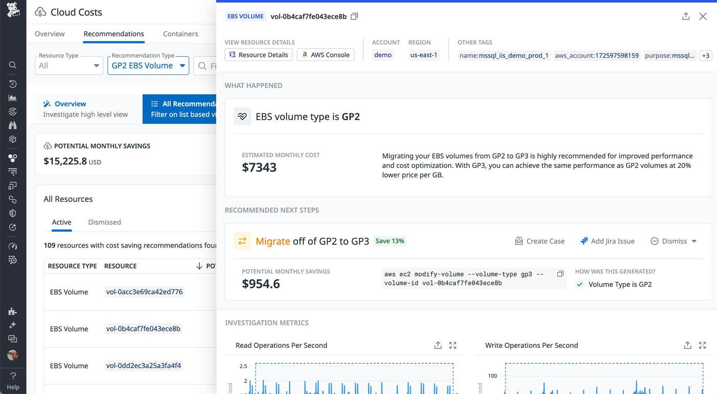Recommendations for migrating EBS volume type from gp2 to gp3 with potential monthly savings details. Recommendations for migrating EBS volume type from gp2 to gp3 with potential monthly savings details.